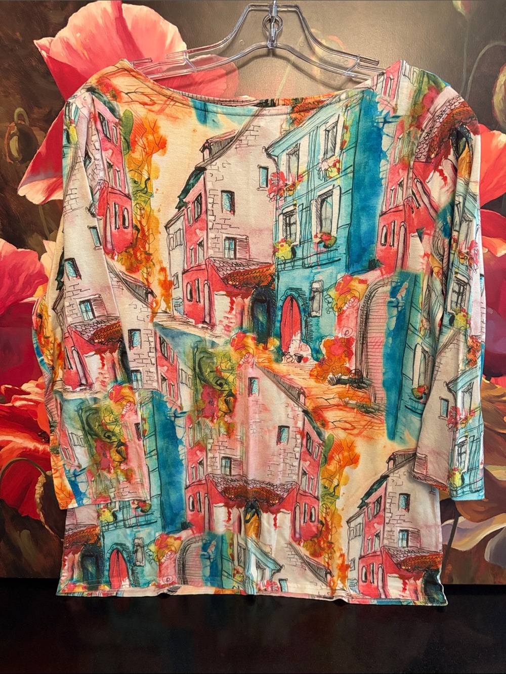 Peck & Peck Watercolor Village Print Long Sleeve Top in Teal, Coral, Yellow